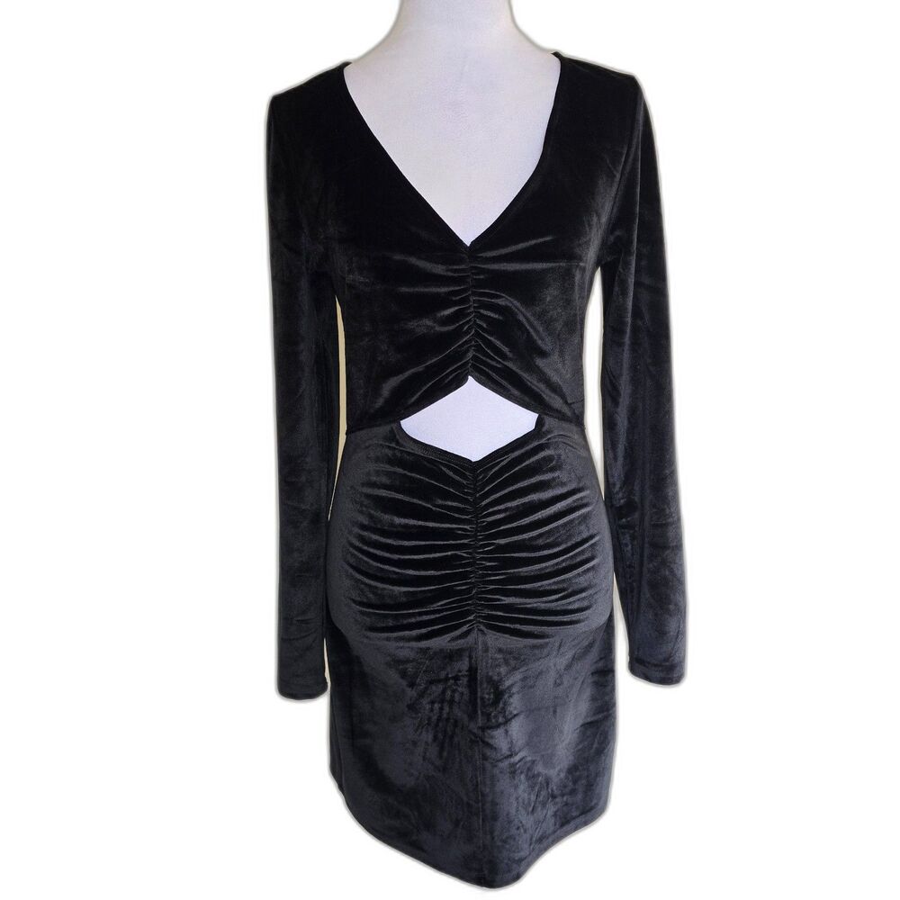 Abercrombie & Fitch Black Velvet Ruched Cutout Bodycon Mini Dress Long Sleeve